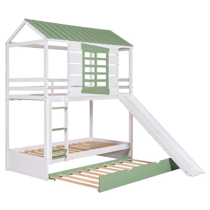 Twin over Twin Size House Bunk Bed with Convertible Slide and Trundle, White+Green