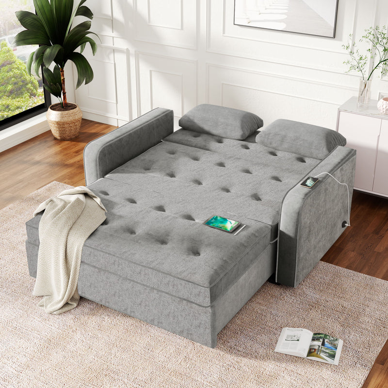 Upholstered Sleeper Bed, Pull Out Sofa Bed Couch Attached Two Throw Pillows, Dual USB Charging Port And Adjustable Backrest For Living Room Space - Gray