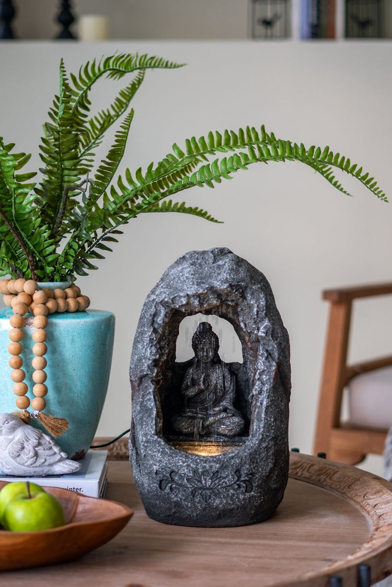 Decorative Tabletop Water Fountain With Sitting Buddha And LED Light, For Indoor Outdoor - Gray