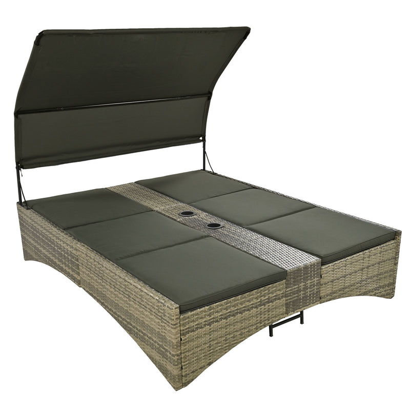 Patio Daybed Outdoor Daybed Sun Lounger With Shelter Roof With Adjustable Backrest, Storage Box And 2 Cup Holders For Patio, Balcony, Poolside