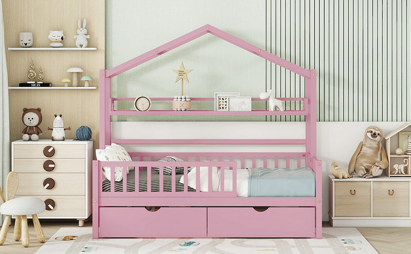 Wooden Twin Size House Bed with 2 Drawers,Kids Bed with Storage Shelf, Pink