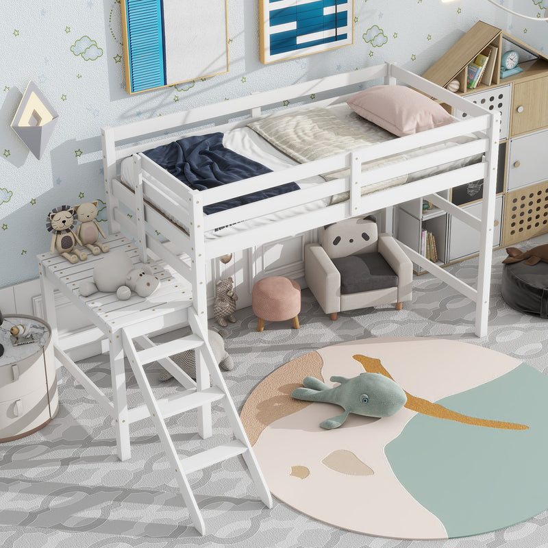 Twin Loft Bed with Platform, ladder,White