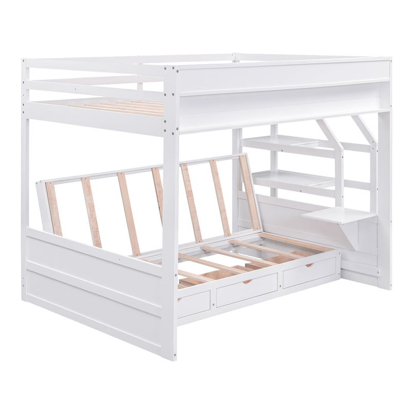 Wood Full Size Convertible Bunk Bed with Storage Staircase, Bedside Table, and 3 Drawers, White