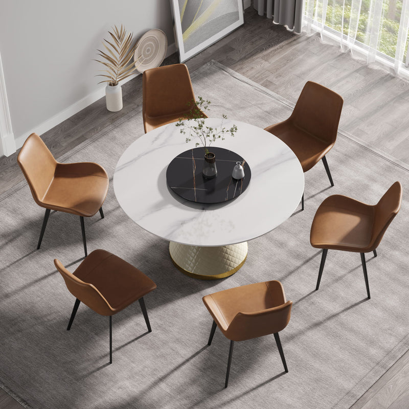 Modern Artificial Stone Round Carbon Steel Base Dining Table, Can Accommodate 6 People - White / Black