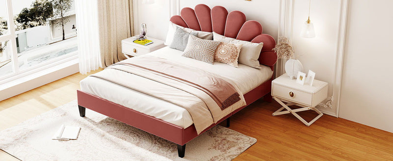 Queen Size Upholstered Platform Bed With Flower Pattern Velvet Headboard - Bean Paste Red