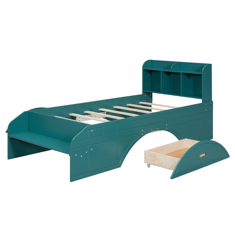 Wood Twin Size Platform Bed with 2 Drawers, Storage  Headboard and Footboard, Dark Green