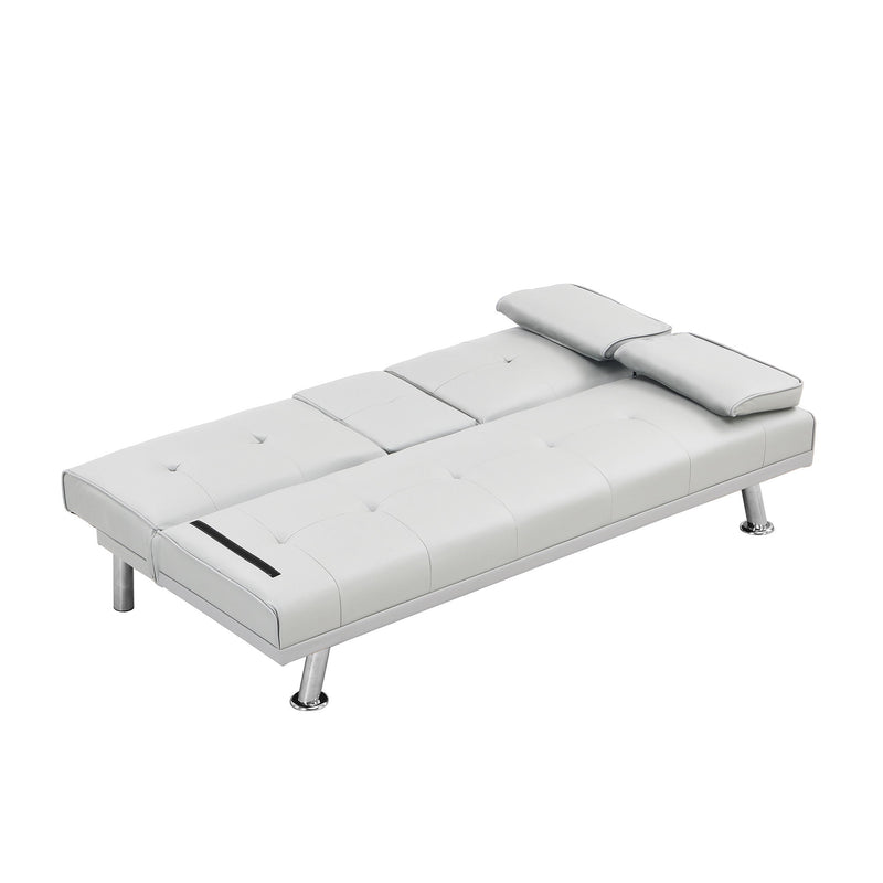 Sofa Bed With Armrest Two Holders Wood Frame, Stainless Leg, Futon - White