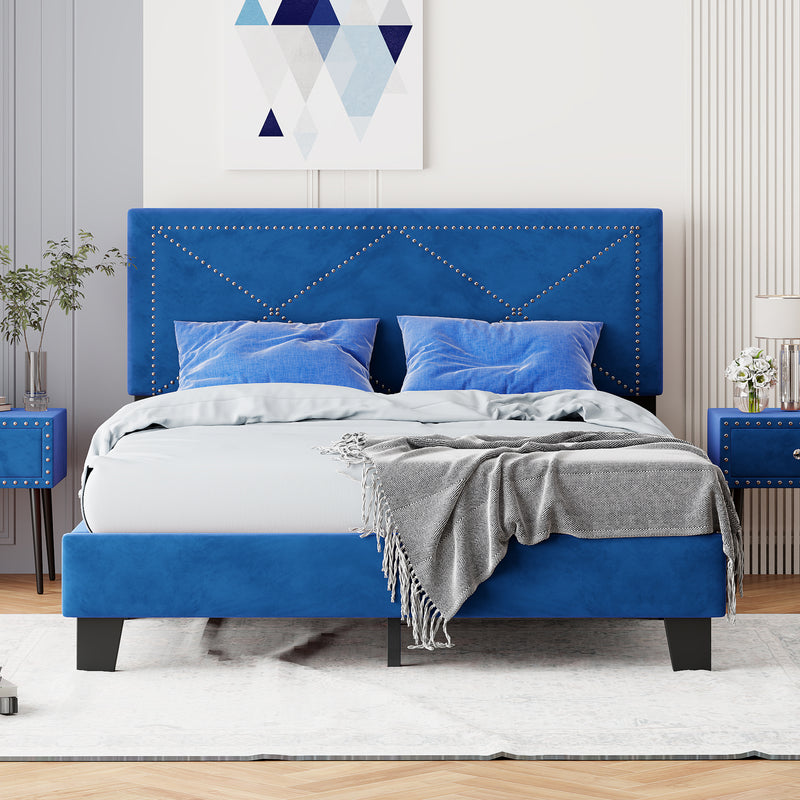 Simple Queen Size Upholstered Bed Frame with Rivet Design, Modern Velvet Platform Bed with headboard, Blue