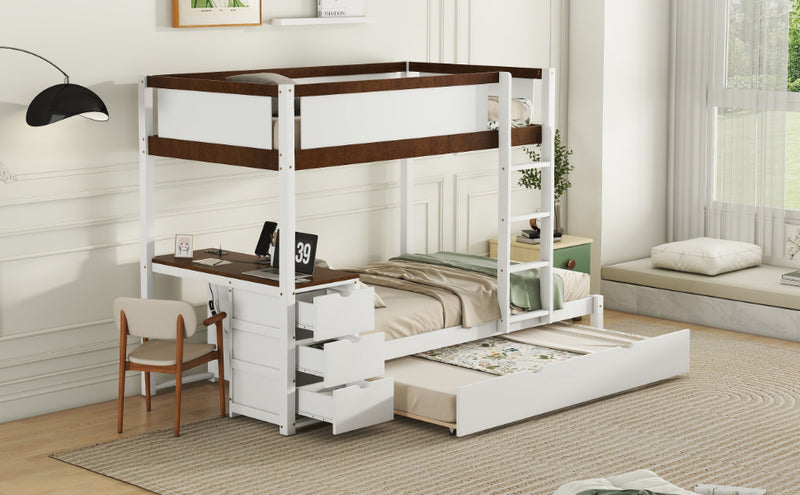 Twin-Over-Twin Bunk Bed with Twin size Trundle, Storage and Desk, White+Walnut