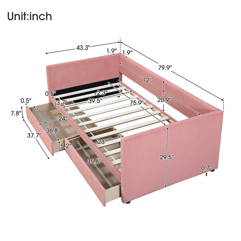 Twin Size Corduroy Daybed with Two Drawers and Wood Slat, Pink