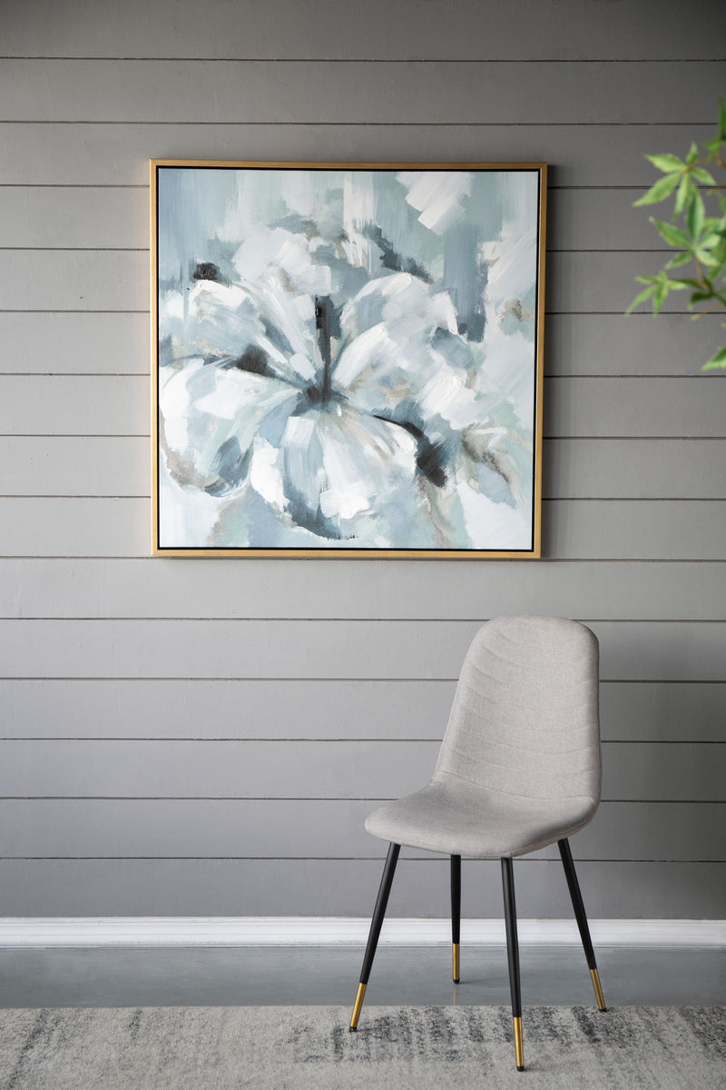 Large Modern Flower Oil Painting, Square Gold Frame Wall Art - Blue / Gray