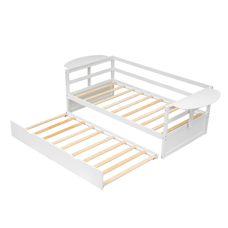 Twin Size Daybed with Trundle and Foldable Shelves on Both Sides,White