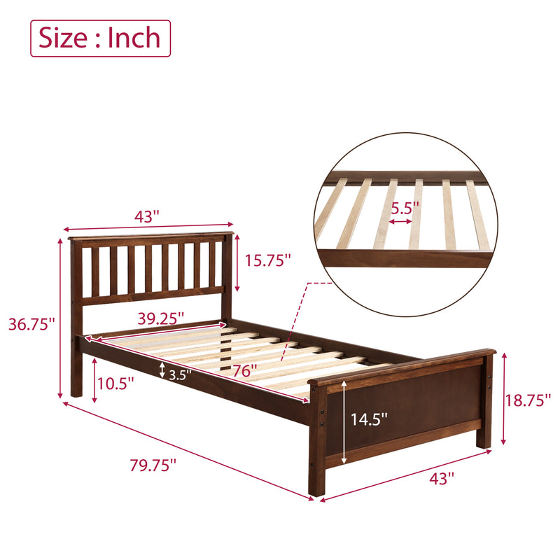 Twin Size Wood Platform Bed with Headboard,Footboard and Wood Slat Support, Walnut