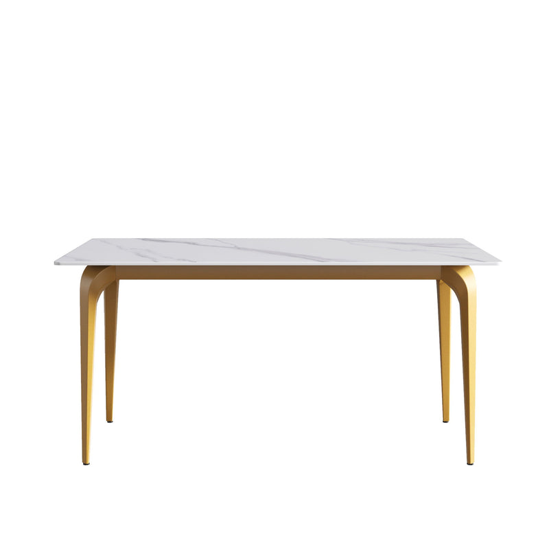 63" Modern Artificial Stone White Straight Edge Golden Metal Leg Dining Table, 6 People - White / Gold