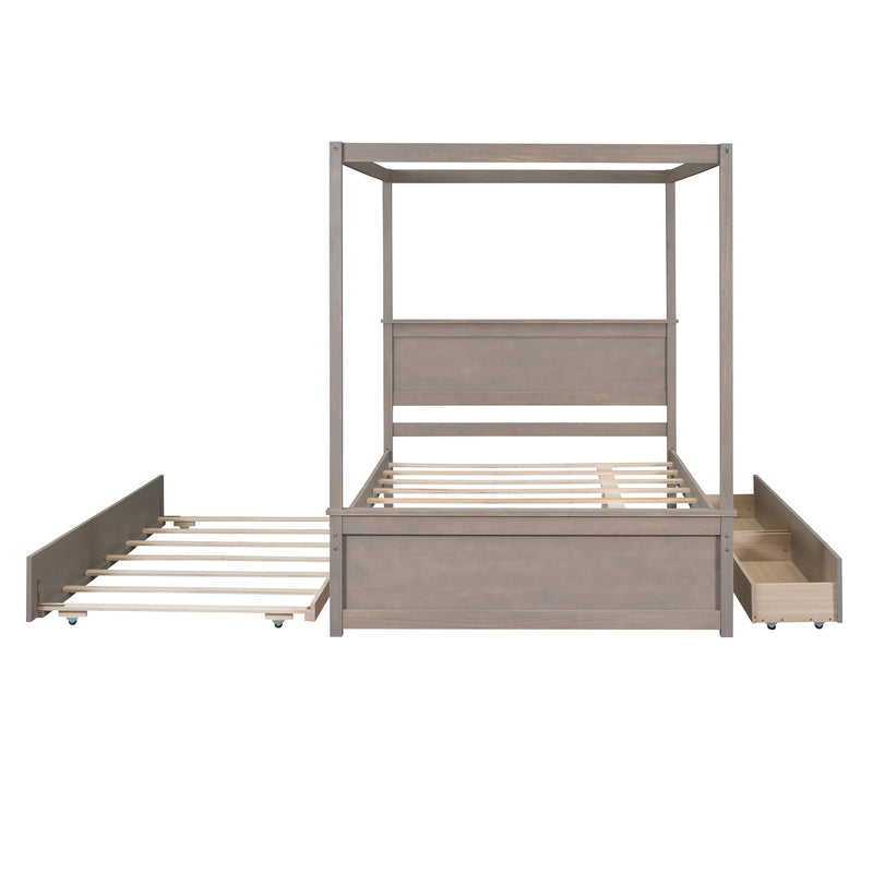 Wood Canopy Bed with Trundle Bed and two Drawers ,Full Size Canopy Platform bed With Support Slats .No Box Spring Needed, Brushed Light Brown