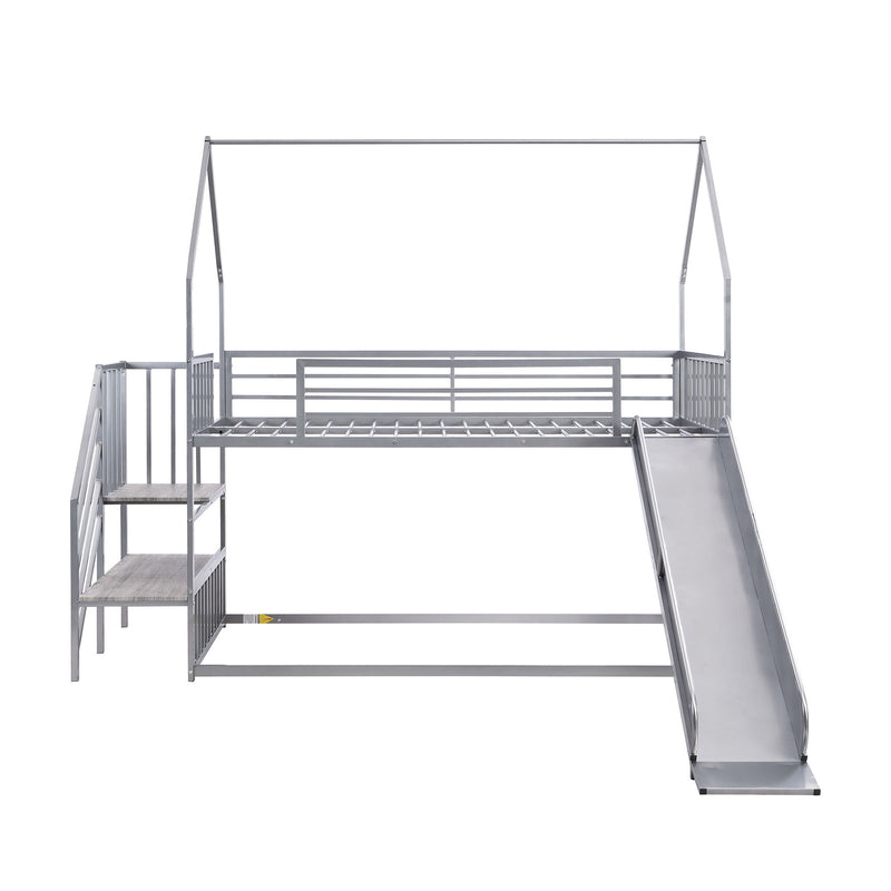 Twin Over Twin Metal Bunk Bed House Bed With Slide And Staircase