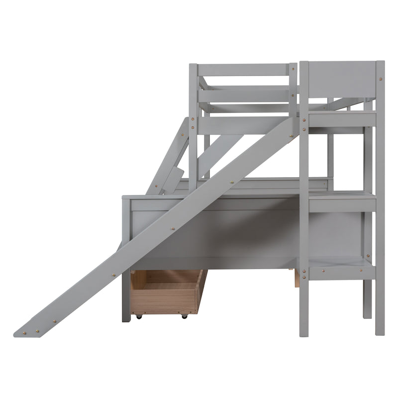 Twin over Full Bunk Bed with 2 Drawers,Slide,Shelves Grey