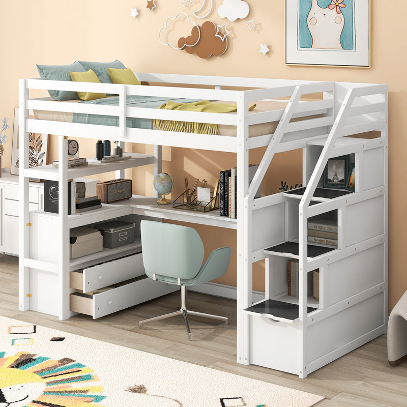 Twin Size Loft Bed with Desk and Shelves, Two Built-in Drawers, Storage Staircase, White