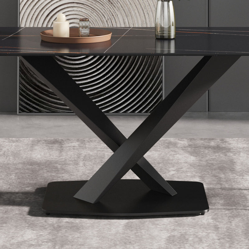 Modern Artificial Stone Straight Edge Metal Leg Dining Table, Can Accommodate 6-8 People - Black