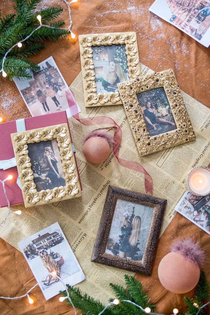 Vintage Photo Frame With Flower Design - Gold / Black