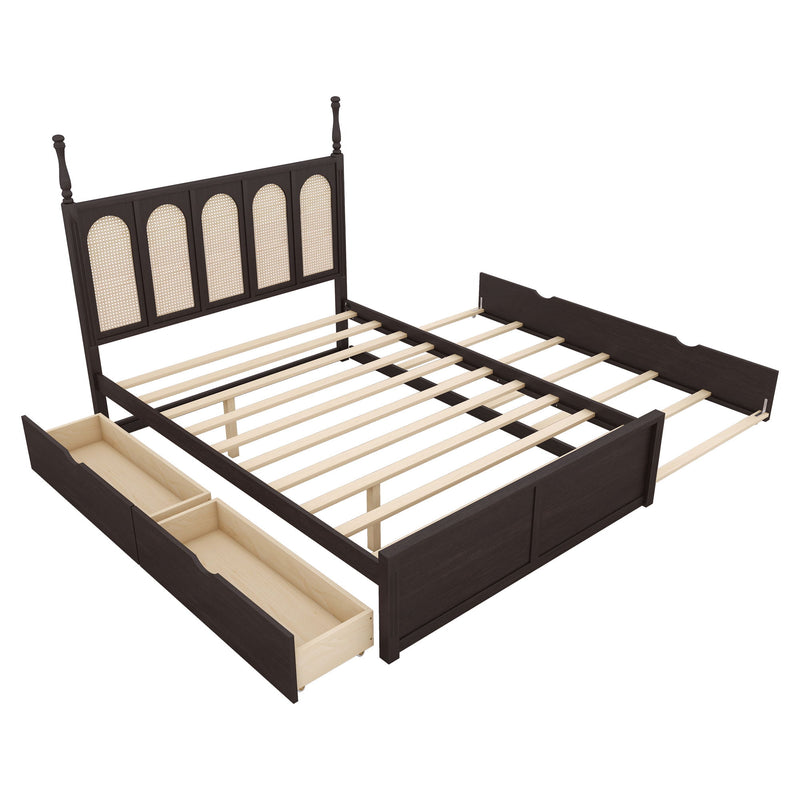 Rattan Platform Bed With With 2 Big Drawers With Trundle