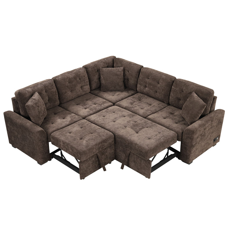 L-Shape Sofa Bed Pull-Out Sleeper Sofa With Wheels, USB Ports, Power Sockets For Living Room