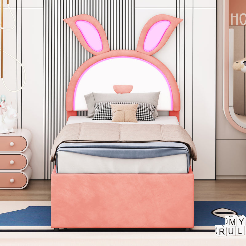 Twin Size Upholstered Platform Bed with Trundle and 3 Drawers, Rabbit-Shaped Headboard with Embedded LED Lights, Pink