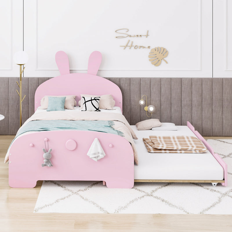 Wood Twin Size Platform Bed with Cartoon Ears Shaped Headboard and Trundle, Pink