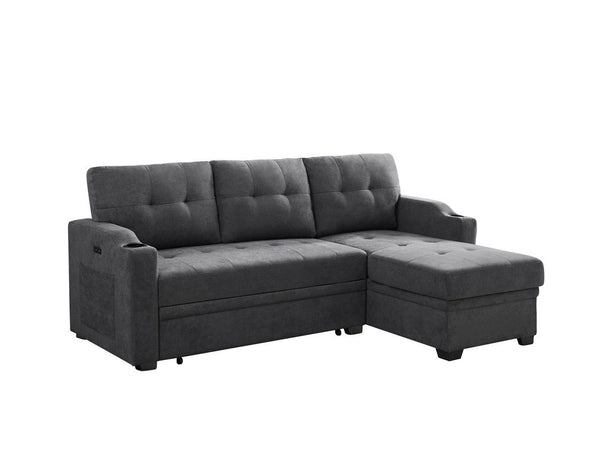 Mabel - Woven Fabric Sleeper Sectional With Cupholder, USB Charging Port nd Pocket - Dark Gray