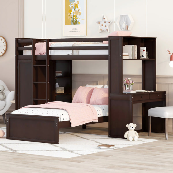 Twin size Loft Bed with a Stand-alone bed, Shelves,Desk,and Wardrobe-Espresso