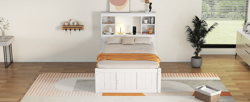 Twin Size Platform Bed with Storage Headboard, Charging Station, Twin Size Trundle and 3 Drawers, Antique White