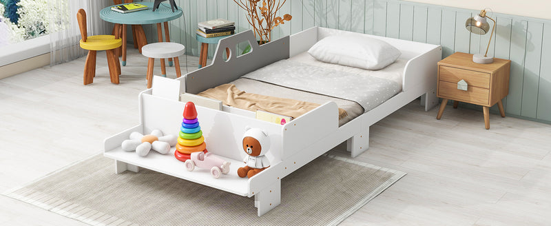 Car-Shaped Twin Wood Bed with Bench,White