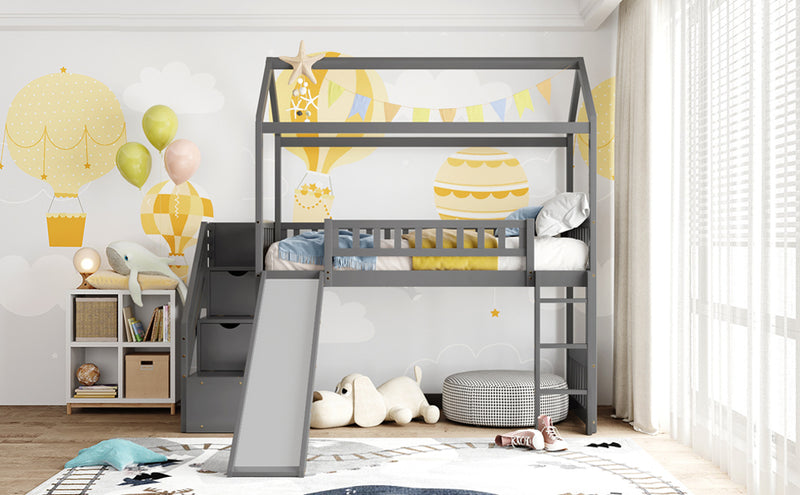 Twin Loft Bed with Two Drawers and Slide, House Bed with Slide, Gray (Old SKU: LP000130AAE)