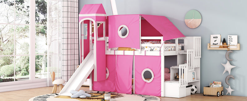 Twin Size Loft Bed with Tent and Tower - Pink