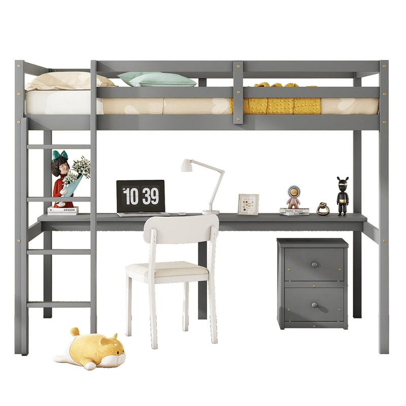 Loft Wood Bed With Under-Bed, Built-In Desk, A Storage Cabinet Of 2 Drawers, Guardrails, Ladder