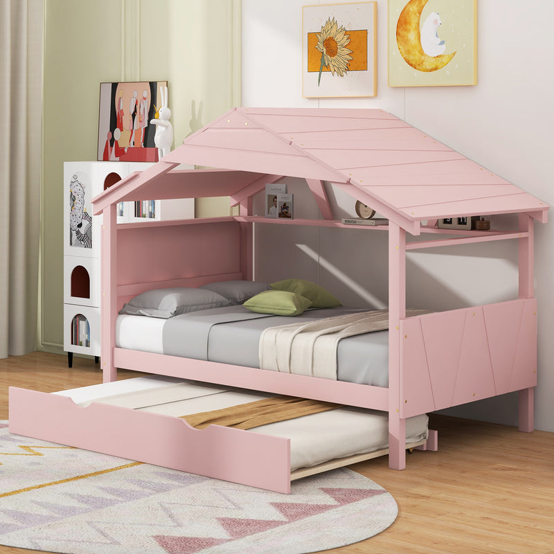 Wood Twin Size House Bed with Trundle and Storage, Pink