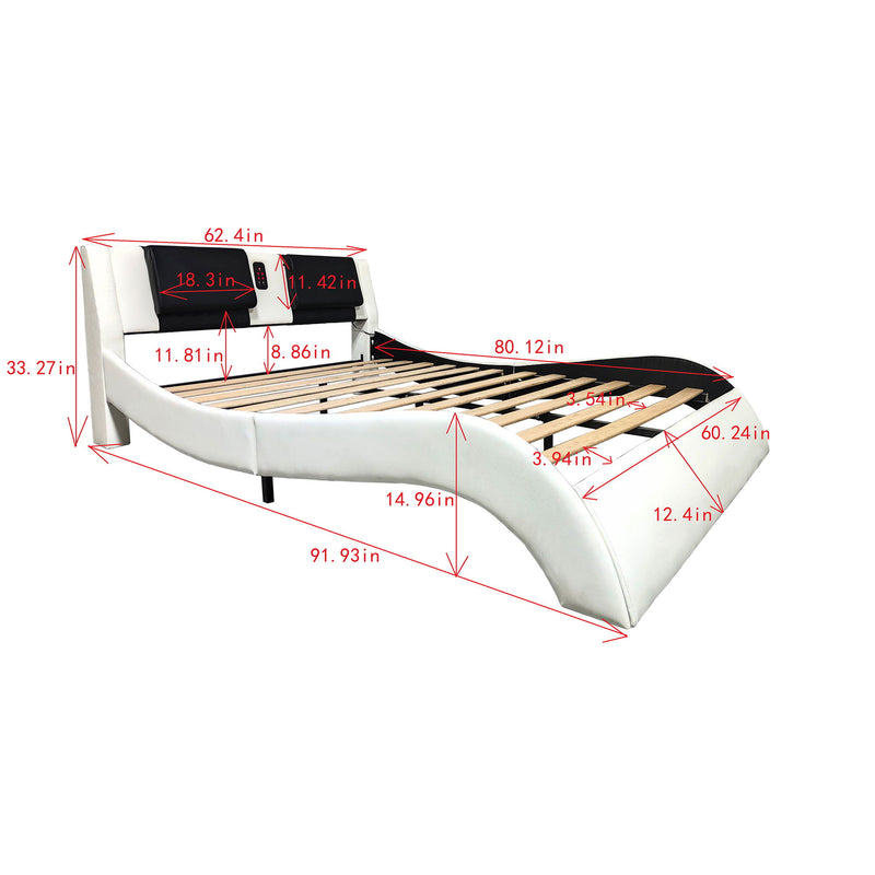 Upholstered Platform Bed Frame With LED Lighting, Bluetooth Connection To Play Music Control, Backrest Vibration Massage, Curve Design, Wood Slat Support