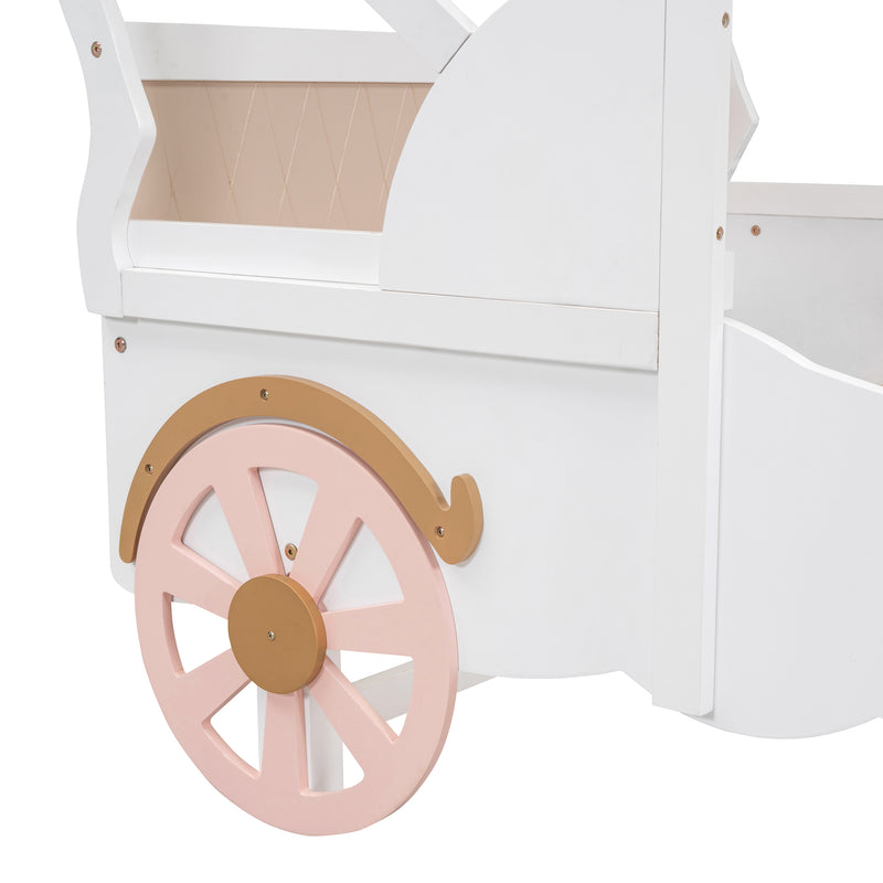 Twin Size Princess Carriage Bed with Canopy, Wood Platform Car Bed with 3D Carving Pattern, White+Pink+Gold