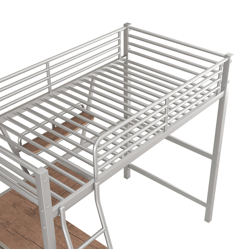 Twin Size Loft Metal&MDF Bed with Desk and Shelf, Silver (Old SKU:SM001105AAN-1)