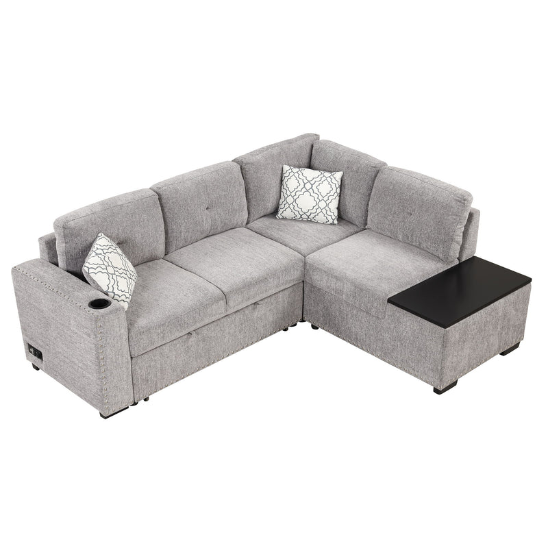 Sectional Pull-Out Sofa Bed L-Shaped Corner Sofa Couch With Storage Chaise, USB Ports, Power Sockets, Cup Holder For Living Room, Bedroom, Study