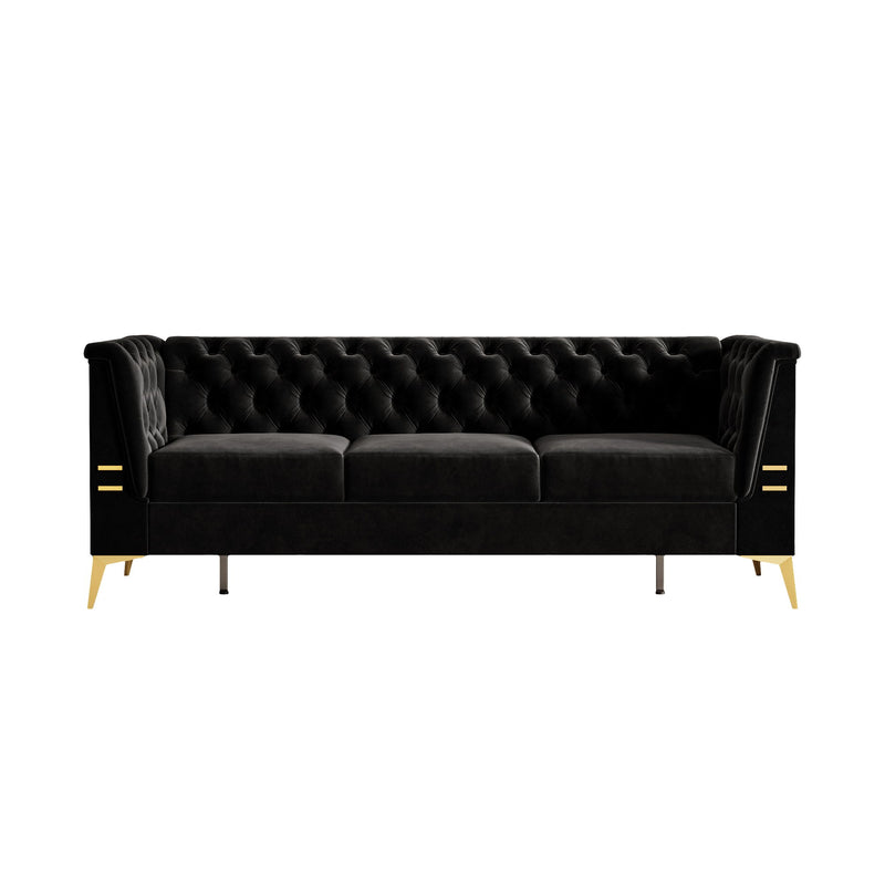 Fx-P83-Bk2 (Sofa) Luxurious Velvet Sofa With Gold Legs, Modern Chesterfield Design, Tufted Upholstery, 3-Seat Couch For Living Room And Office - Black