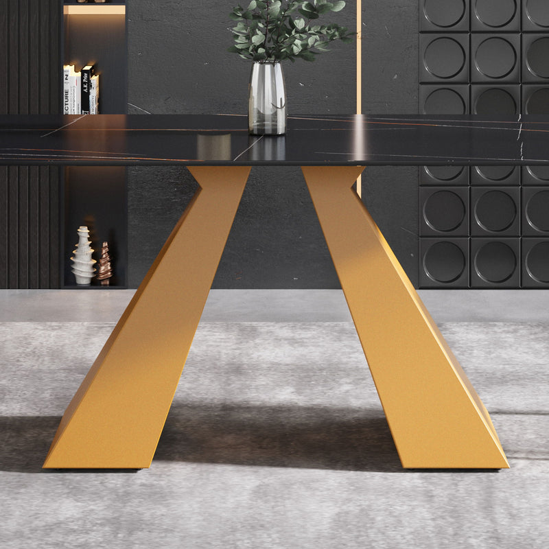 70.87" Modern Artificial Stone Straight Edge Golden Metal Leg Dining Table, Can Accommodate 6-8 People - Black / Gold