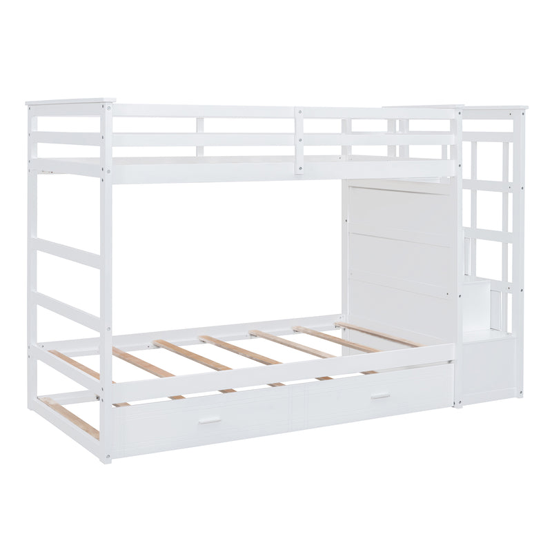 Twin Over Twin Bunk Bed with Trundle and Staircase,White(OLD SKU:LT000068AAK)