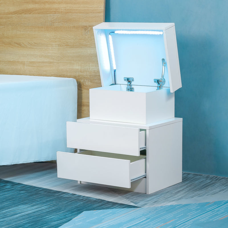 Nightstand With LED Lights Wood LED Bedside Table Nightstand With 2 High Gloss Drawers For Bedroom