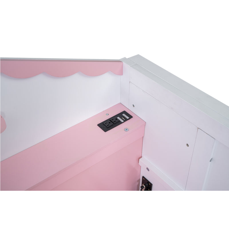 Wood Twin Size House Murphy Bed with USB, Storage Shelves and Blackboard, Pink+White