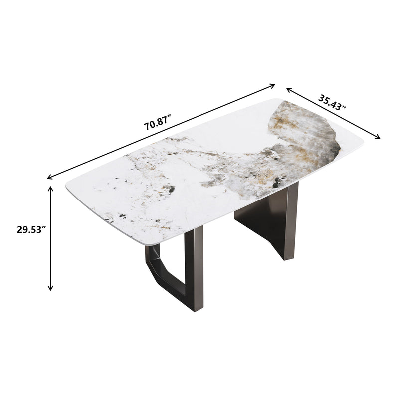 70.87" Modern Artificial Stone Pandora White Curved Black Metal Leg Dining Table, Can Accommodate 6-8 People - Antique White