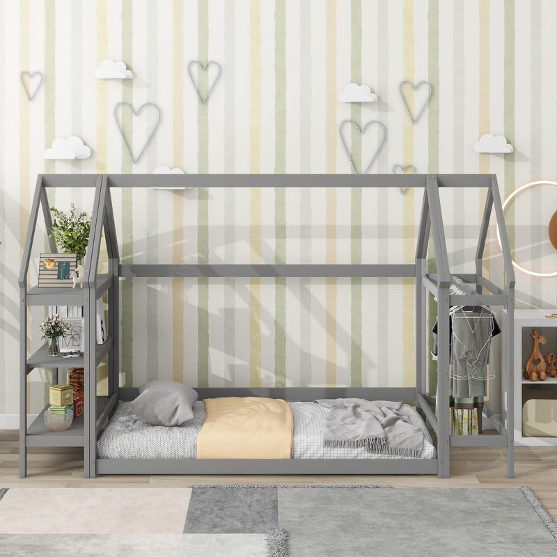 Twin size wood house bed with storage shelf and hanger ,kids bedroom set,Grey