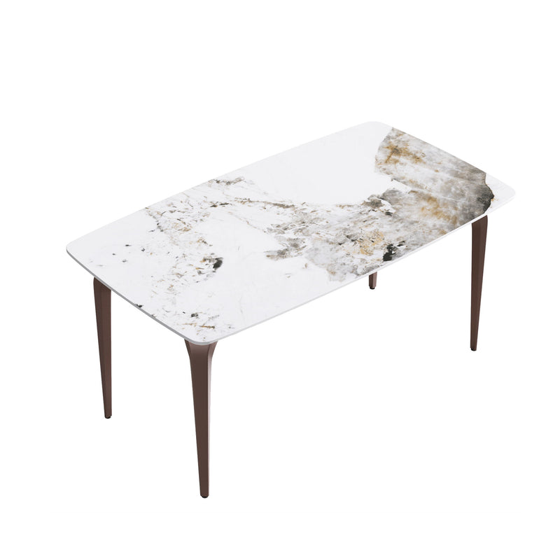 63" Modern Artificial Stone Pandora White Curved Metal Leg Dining Table, 6 People - White