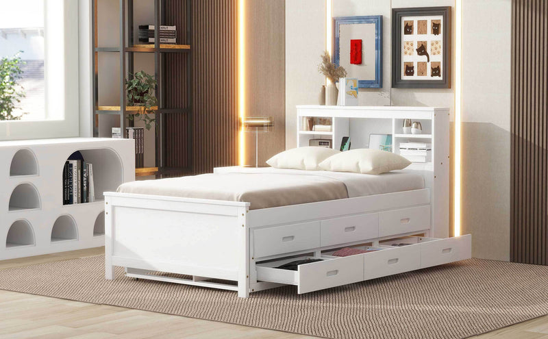 Twin Size Platform Bed with Storage Headboard, USB, Twin Size Trundle and 3 Drawers, White