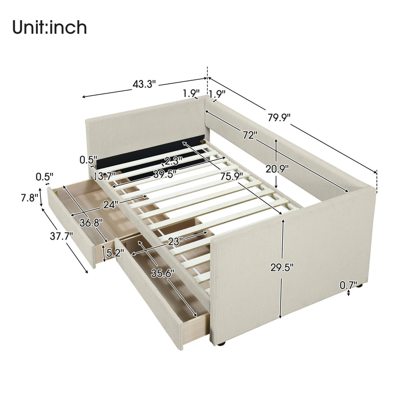 Twin Size Corduroy Daybed With Two Drawers And Wood Slat